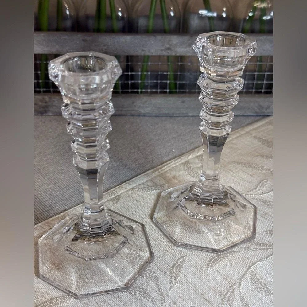 Vintage faceted crystal candlestick holders, geometric/architectural design.‎